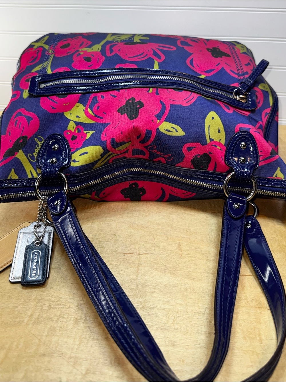 Coach Hallie Poppy Navy Floral Shoulder Bag with Hot Pink & Lime Accents - Picture 6 of 14